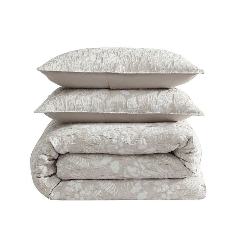 DESIGN STUDIO Turning Leaf Neutral Woven Matelasse Crinkle Jacquard Comforter Set, Queen Comforter + 2 Standard Shams