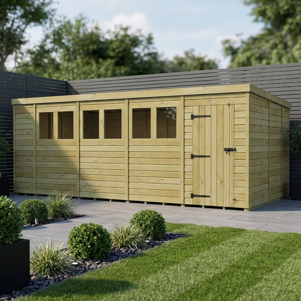 Total Sheds 18ft x 9ft Pent Garden Shed - Single Door - With Windows - Pressure Treated Timber - UK Manufactured