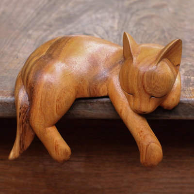 Snoozing Sleeping Cat Suar Wood Sculpture