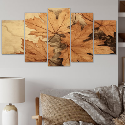 Brun brun, feuilles et harmonie I - salon d'art mural floral - 5 panneaux