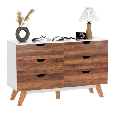 48 Inch 6 Drawer Bedroom Dresser, Modern Wood Double Dressers, Wooden Storage Cabinet For Living Room, Hallway, Entryway - Walnut