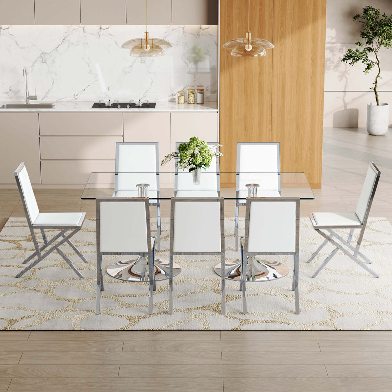 Ensemble de table et chaises de salle à manger moderne 8 places, table en verre trempé 71 po x 35,4 po avec 8 chaises en polyuréthane blanc et cadres en métal argenté, idéal pour les réunions de famille