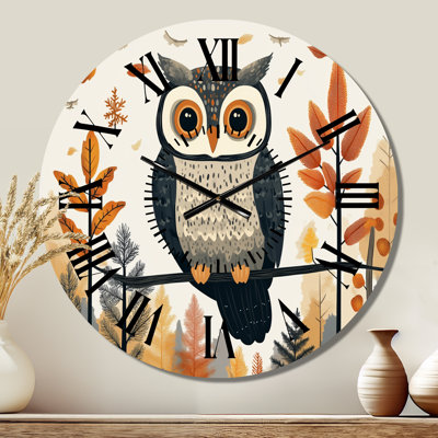 Horloge murale ronde en métal représentant un hibou dans une forêt nordique - Nature