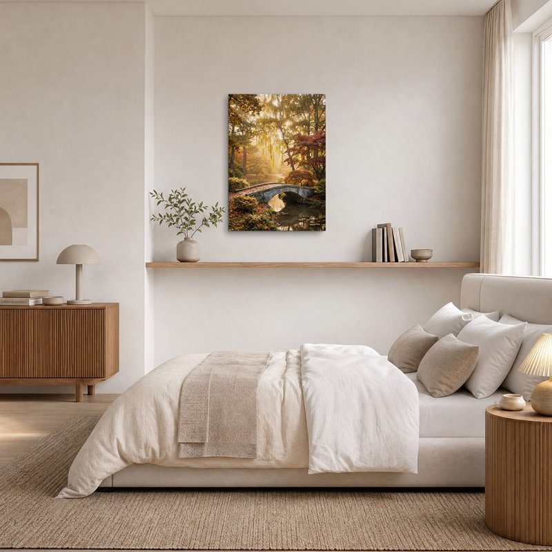 «Golden Sunlit Stone Bridge in Autumn Forest», art mural sur toile, H 24 po x l 18 po