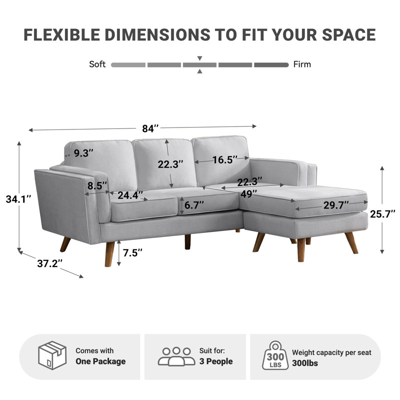 Canapé modulaire rembourré réversible de 84 po avec méridienne, repose-pieds et pieds en bois massif Havens