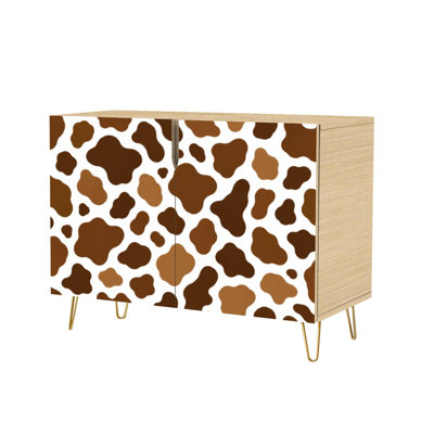 Buffet buffet avec rangement dissimulé 2 portes à imprimé peau de vache avec taches à motif animalier blanc pour salon, cuisine et bar à café