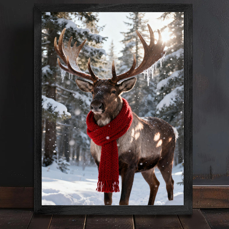 Reproduction d'art encadrée noire de rennes de Noël, H 37 po x l 25 po