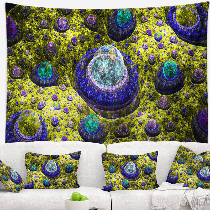 Tapisserie de planète en fractale abstrait jaune exotique, H 50 po x l 60 po