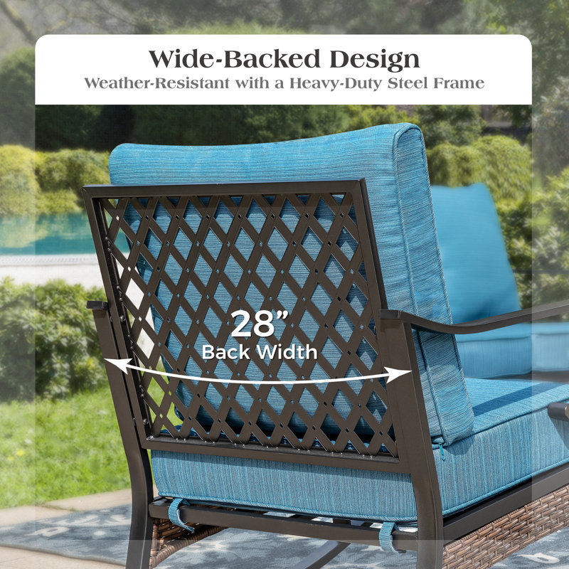 74.8'' Wide Outdoor Patio Sofa With Cushions & Wicker Decor, Peacock Blue Cushion/ Black Frame