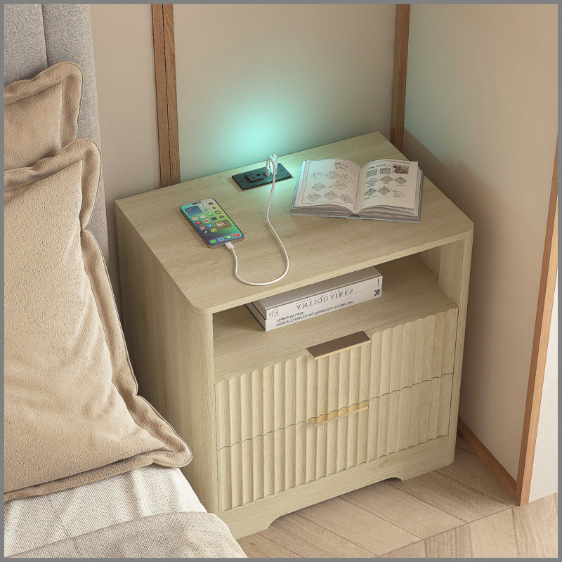 Table de chevet avec station de charge, table de chevet intelligente avec veilleuse, tables de chevet avec armoire de rangement pour la chambre à coucher, bois