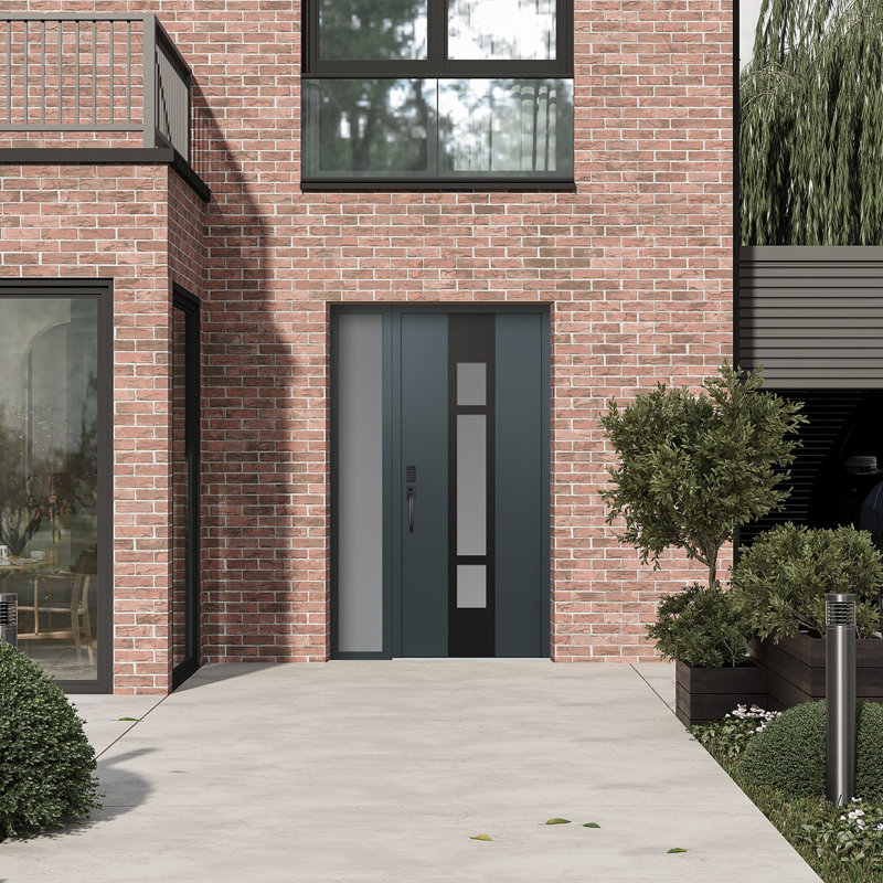 Porte d'entrée pré-suspendue à panneau en acier Diamond A9 avec panneau latéral, Anthracite / anthracite / givré