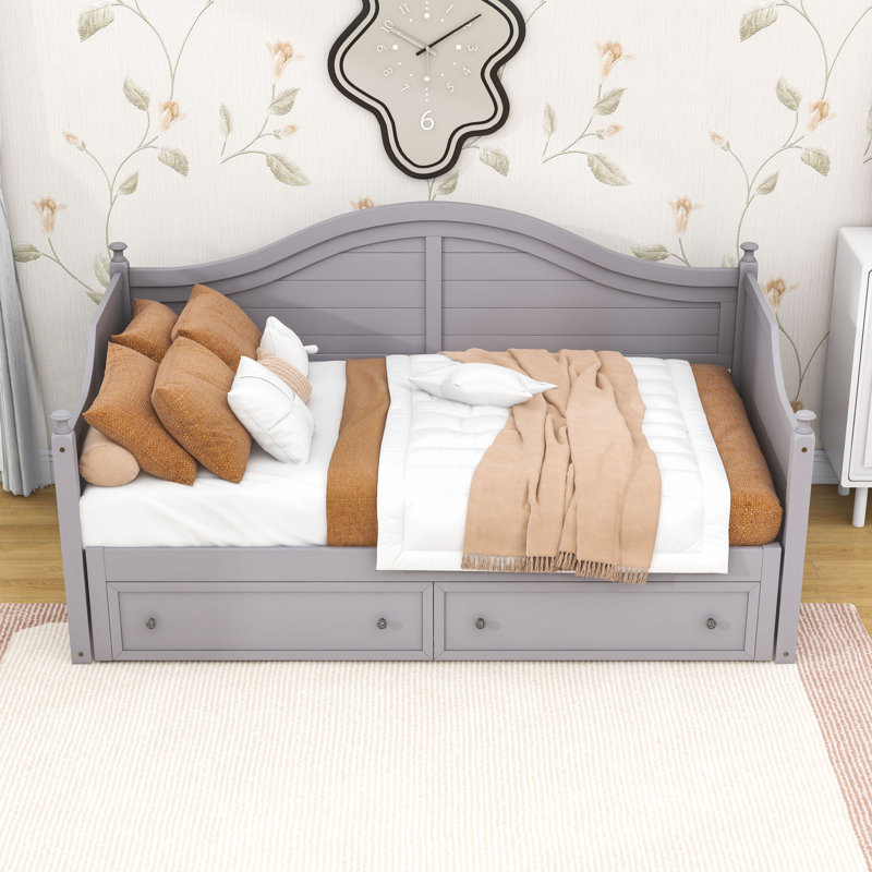Lit de jour simple en bois avec 2 tiroirs et lit gigogne, Gris clair