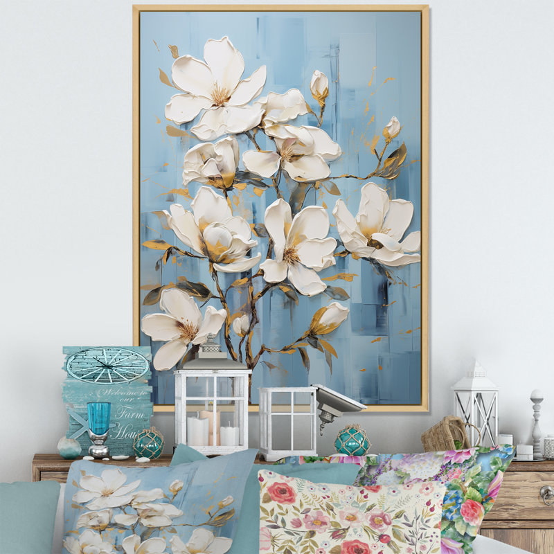 «White and Blue Magnolias Blossom», reproduction sur toile, Toile tendue, H 32 po x l 16 po