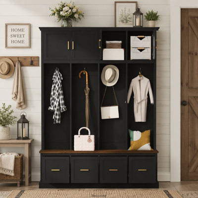 Farmhouse Entryway Hall Tree with Coat Hooks, Cabinets and Drawers