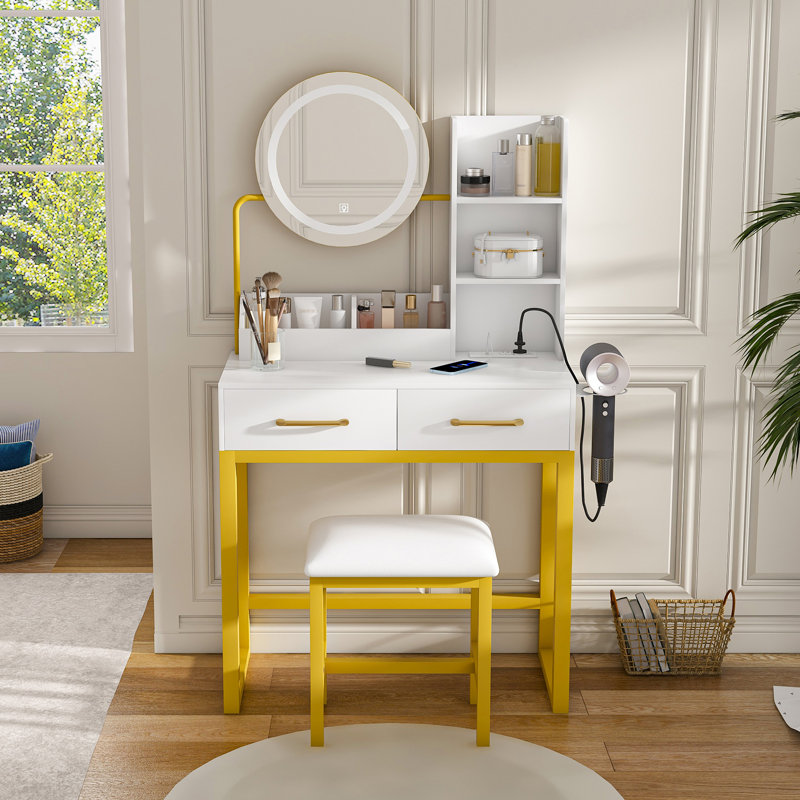 Makeup Vanity With LED Lights&3 Color And Power Outlet Makeup Vanity Table With 2 Big Drawers With Sturdy Metal Leg And Metal Chair Dressing Table For Bedroom Dressing Room