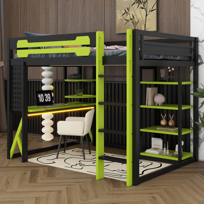 Lit mezzanine double en bois avec DEL, bureau et tablettes, lit mezzanine en bois, Noir/vert