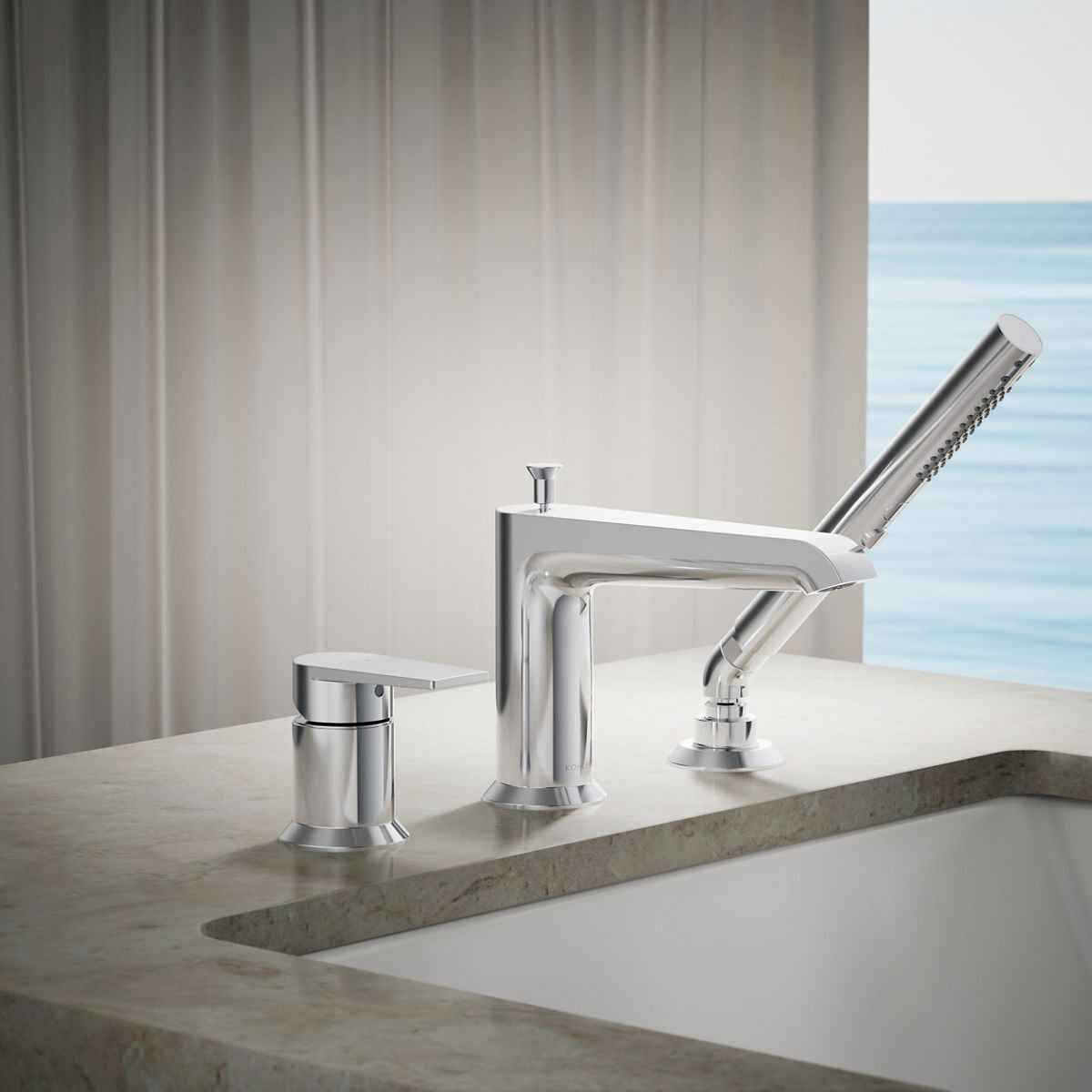 Hint Deck-Mount Bath Faucet with Handshower, Polished Chrome