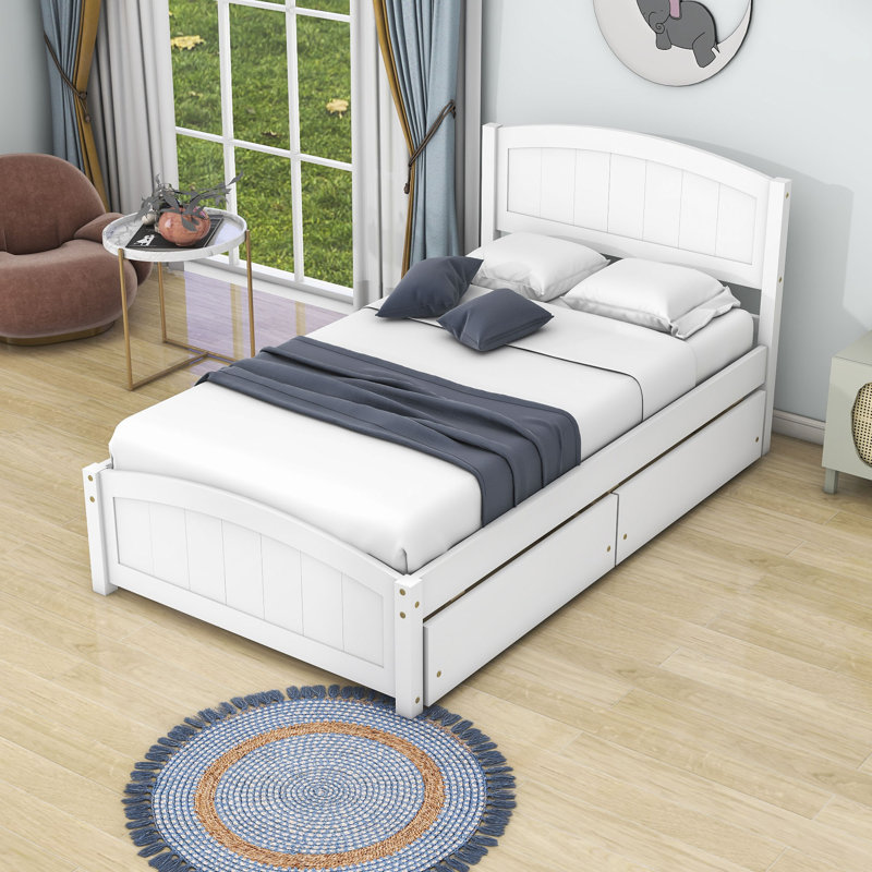 Lit plateforme simple en bois avec deux tiroirs, Blanc