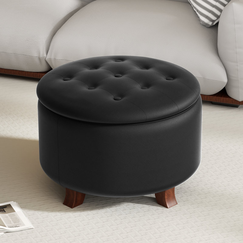 Upholstered Storage Ottoman Bench, PU Leather Button Tufted Ottoman Footrest Stool for Living Room, Black