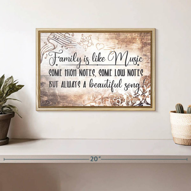 Family Is Like Music, typographie, Cadre flottant en bois naturel, 31 po x 21 po