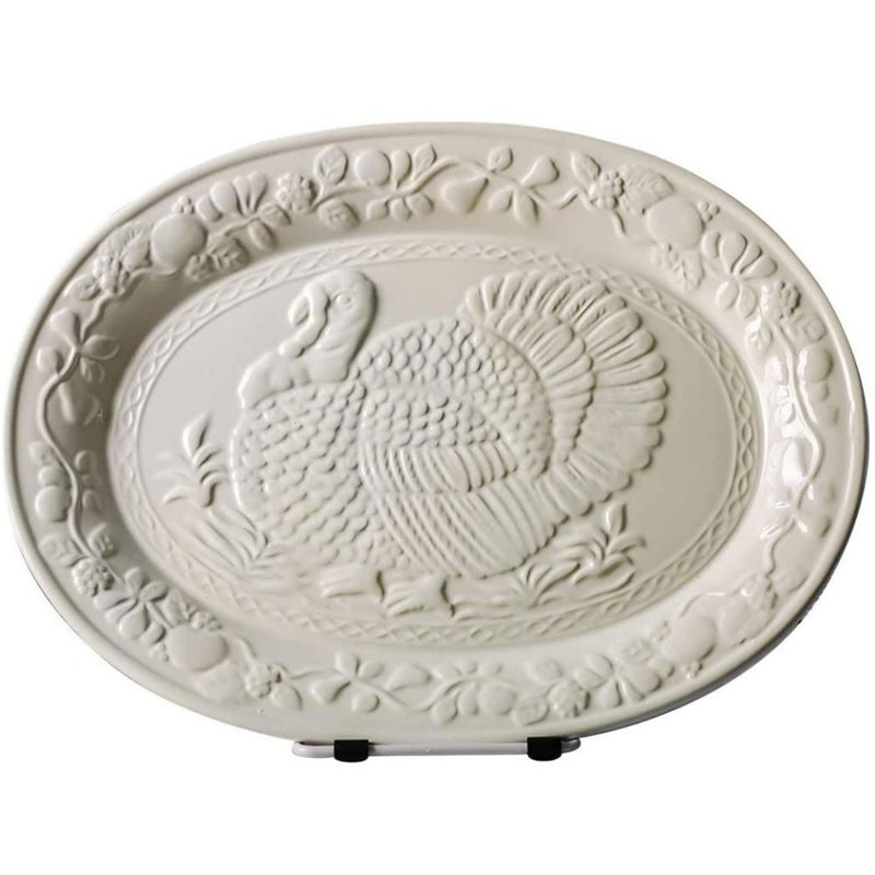OVENTE Ceramic Turkey Platter with Stylish Design, Oval Serving Plate for Thanksgiving, Christmas, Entertaining and Family Dinner, Easy to Clean Fall-Themed Party Tray Centerpiece Decor, White P4565W