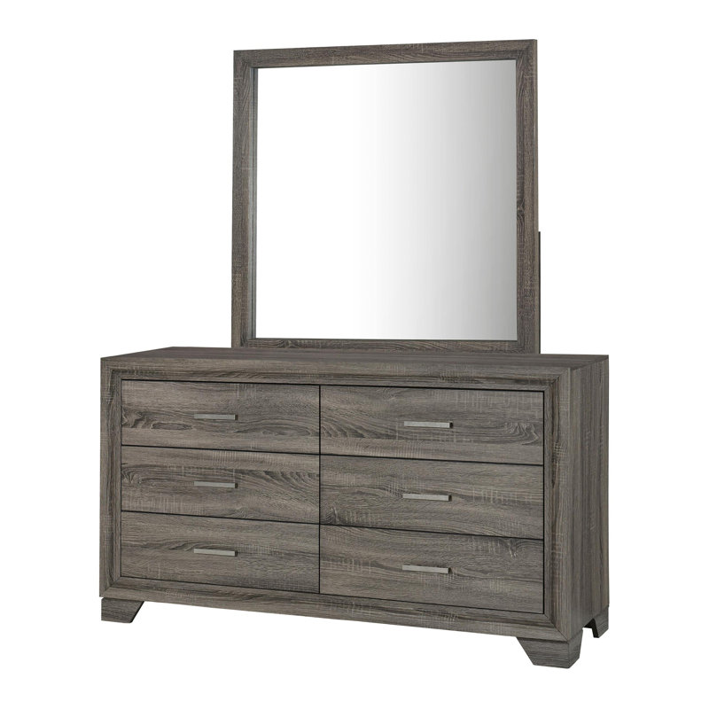 Commode 6 tiroirs et miroir chêne brun