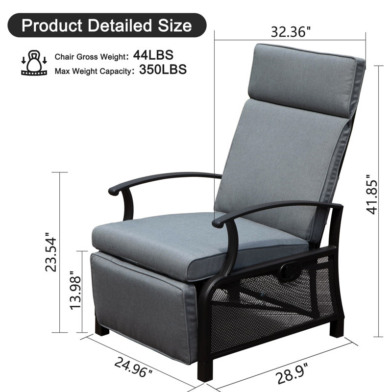 Fauteuil inclinable d'extérieur avec angle réglable de 150 degrés, coussins résistants aux éclaboussures de 6,8 po, support de 350 lb et inclinable pour table d'appoint inclinable, confortable et ergonomique
