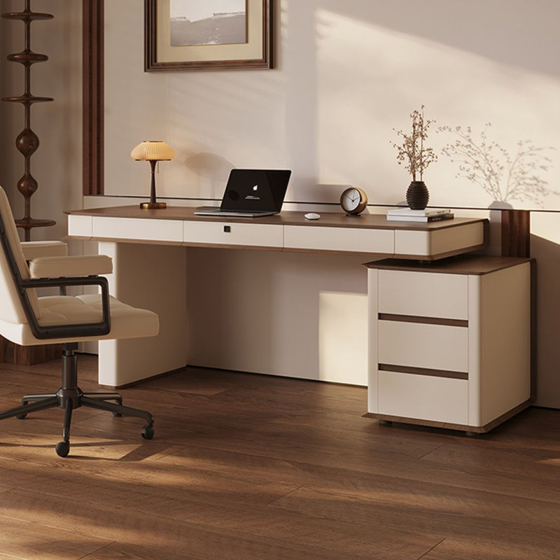 Bureau rectangulaire à 6 tiroirs en bois manufacturé brun noisette + kaki clair, Retour à droite