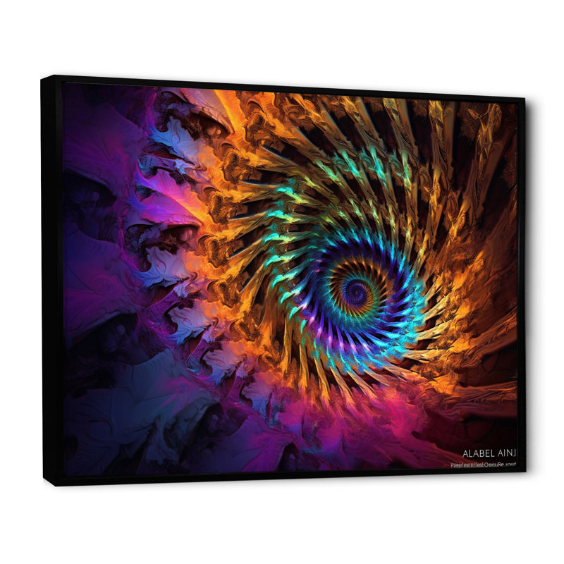 Fractale en spirale en couleurs arc-en-ciel rétro I - impression, 24" H x 32" W, Cadre flottant noir