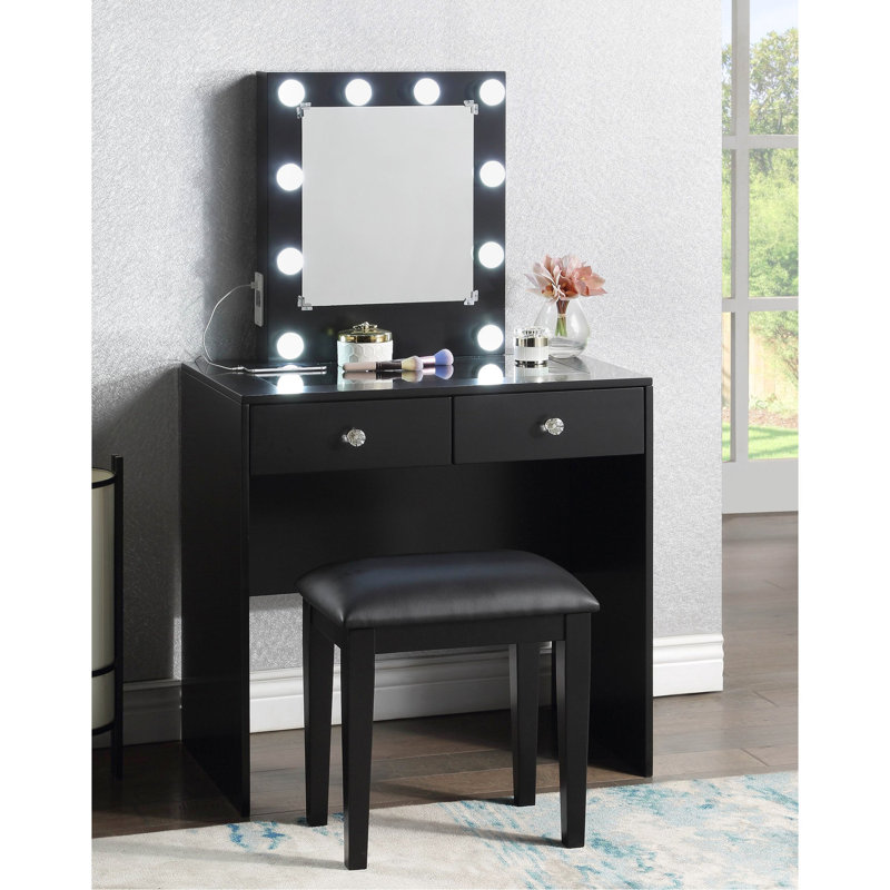 Coiffeuse et tabouret de maquillage noir 10 lumières avec douille, prise électrique et 2 tiroirs pour l'ensemble de luxe