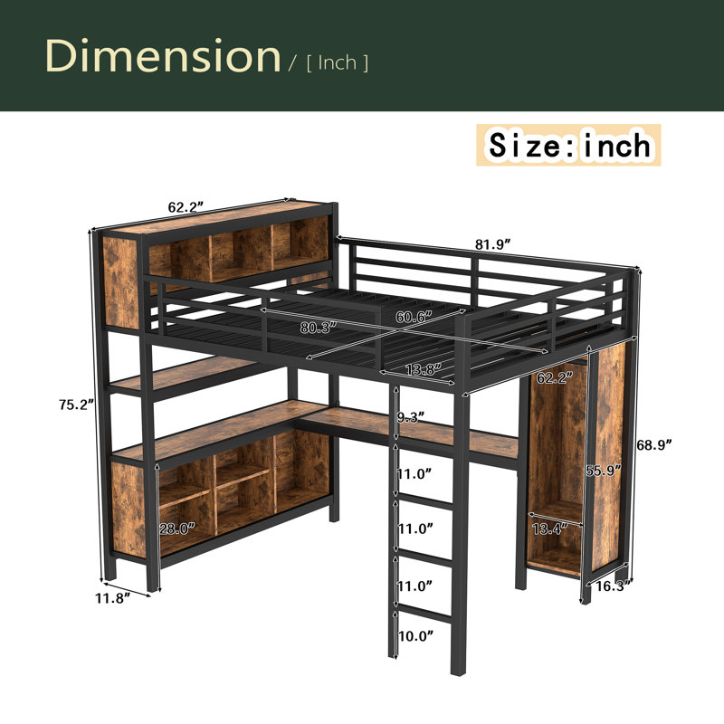 Metal Loft Bed With Wardrobe And L-Shaped Desk