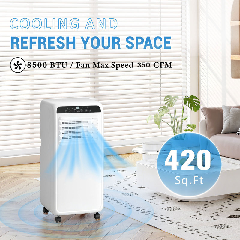 Erivess 8500 BTU Portable Air Conditioner, 3-in-1 Free Standing AC Unit with Cool, Dehumidifier & Fan Modes for Room up to 420 sq.ft, 2 Speeds with Remote Control, 24H Timer, Including Window Kit