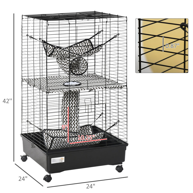 Cage pour animaux 42 po en métal, noir - comprend des roues, des freins et plusieurs plateformes pour petits animaux