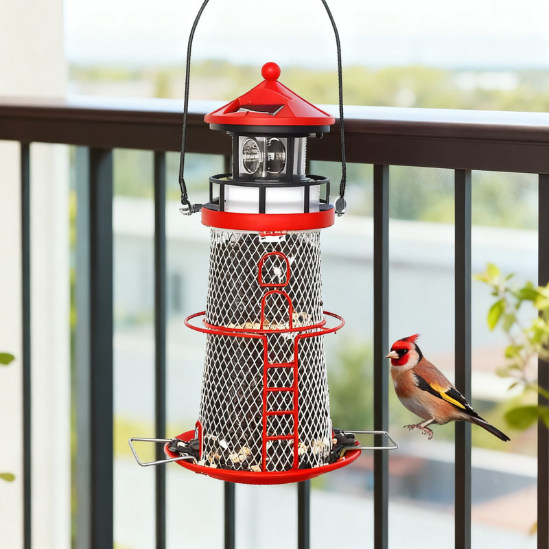 Mangeoire d'oiseaux à phare rotative à énergie solaire avec balise à DEL - La mangeoire en maille suspendue attire les oiseaux sauvages, facile à remplir et à nettoyer, cadeau de jardin décoratif pour les amoureux des oiseaux