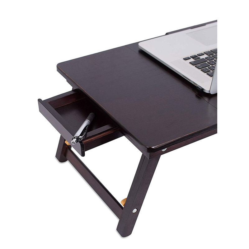 Dark Walnut Bamboo Adjustable Laptop Lap Tray with Drawer
