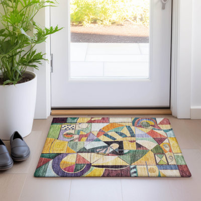 Machine Washable Indoor/Outdoor Xhevrie Gold Rug