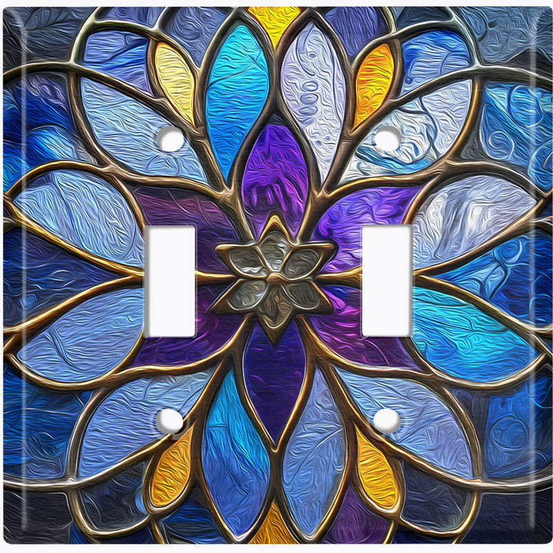 Couvercle de plaque d'interrupteur en métal; Bascule à deux bandes standard américain - Image imprimée d'une fleur de mandala en vitrail
