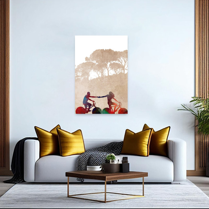 «Biking Couple main dans la main», art contemporain coloré, paysage contemporain, 60" H x 40" W