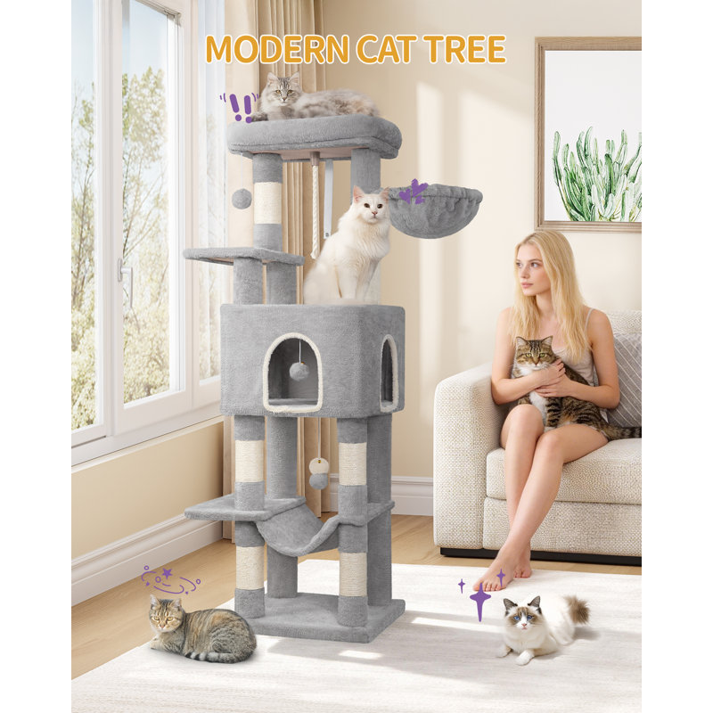 162 cm Cat Tree for Indoor Cats, Cat Tower with Large Hiding Cave, Scratching Post with Large Platforms, Multi-Level Cats Activity Center, Sisal Rope, Hammock