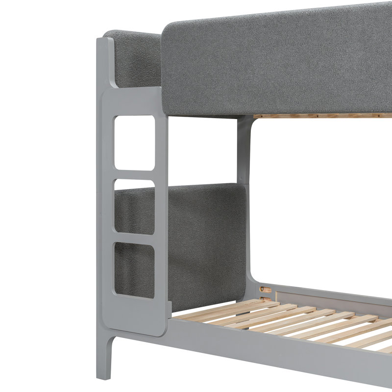 Kestrel Modern Twin Over Twin Upholstered Bunk Bed with Plush Sherpa Fabric, Padded Guardrails & Headboards, Gray