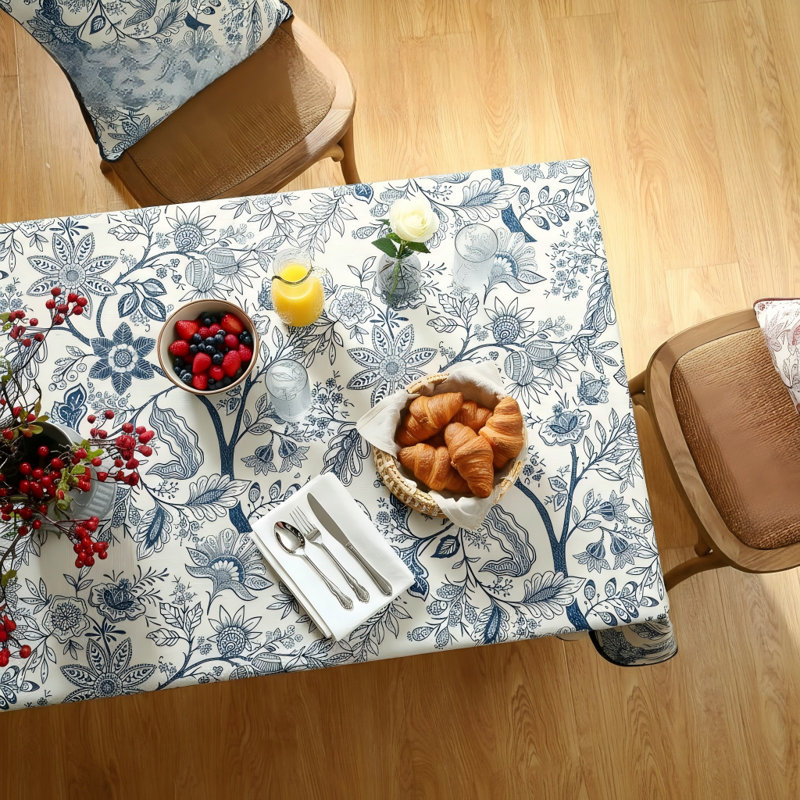 Nappe bleue florale en lin rectangulaire 55 po x 71 po lavable pour l'Action de grâce et pour Noël