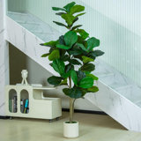 Artificial Fiddle Leaf Fig Tree Indoor, Tall Faux Green Plant with White Tall Planter, Fake Fiddle Leaf Fig Trees with Natural Wood Trunk and Lifelike Leaves for Home Office Decor, Green