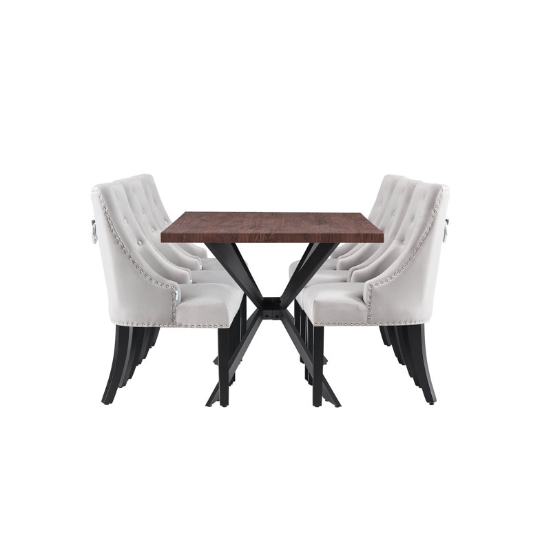 Trista 6 Person Dining set - a Rectangular Wooden Dining Table with Metal Legs and a Set of 6 Quilted Ring Knocker Velvet Dining Chairs for Dining Room - Modern Dining Table Set