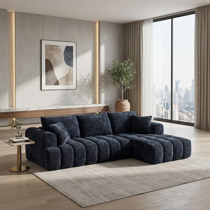 Canapé Boneless, canapé modulaire en L Chenille, Dark Blue, Right Hand Facing