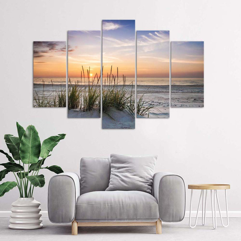 Sea Beach Sunset - 5 Piece No Frame Set on Canvas, 100cm H x 200cm W