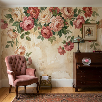Papier peint rétro, aquarelle, décoration murale campagne française