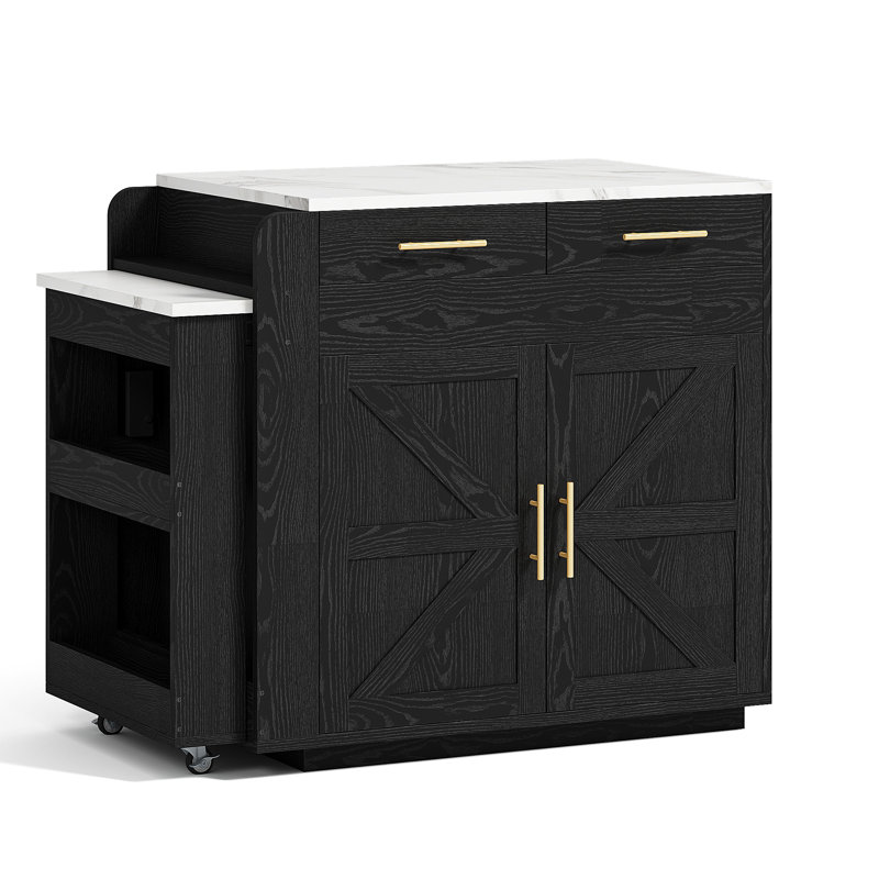70.8" Transitional Style Kitchen Island With Extendable Dining Table For 2-4 People, Rolling Kitchen Island Table With Storage And Charging Station