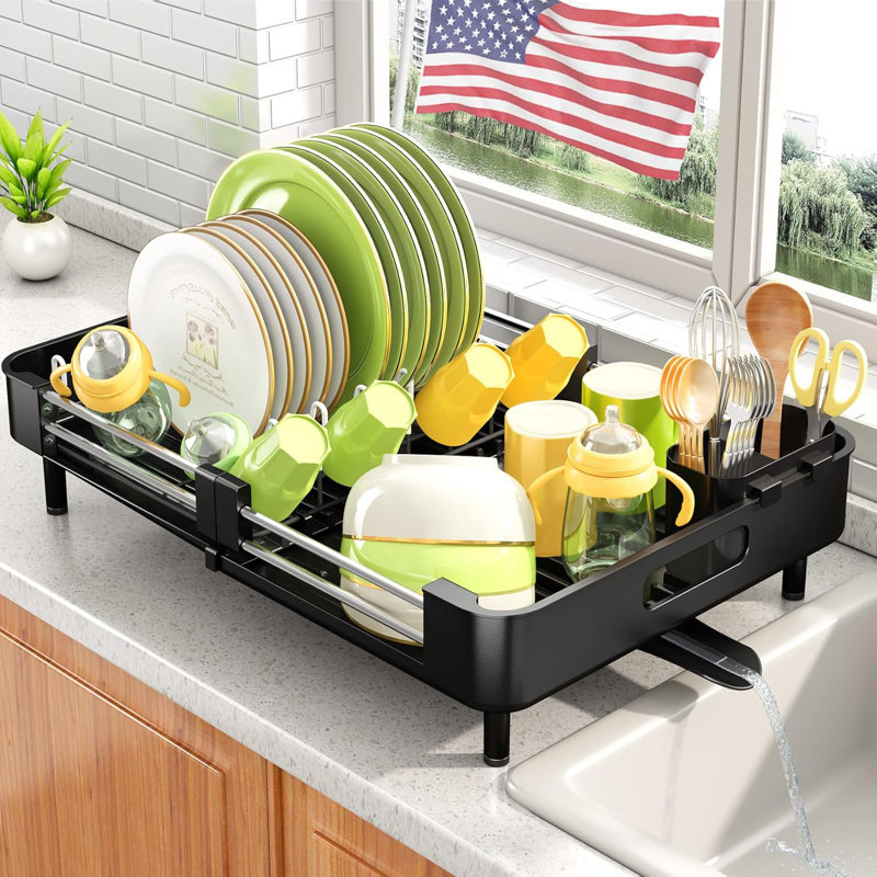 Expandable Satin Black Stainless Steel Dish Drying Rack with Utensil Holder