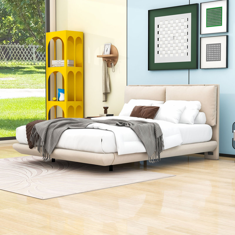Queen Size Upholstered Platform Bed with Motion Sensor Lighting and Built-In Charging Station, Beige
