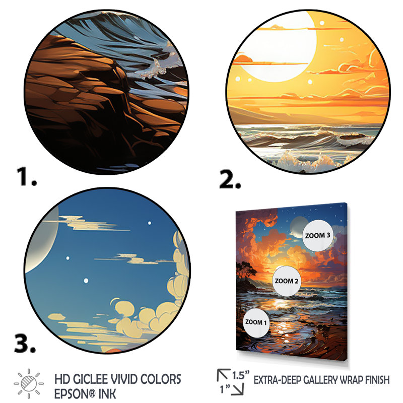 «Beachside Sunset Horizon 1», art mural plage, H 32 po x l 16 po x P 1 po, Toile tendue